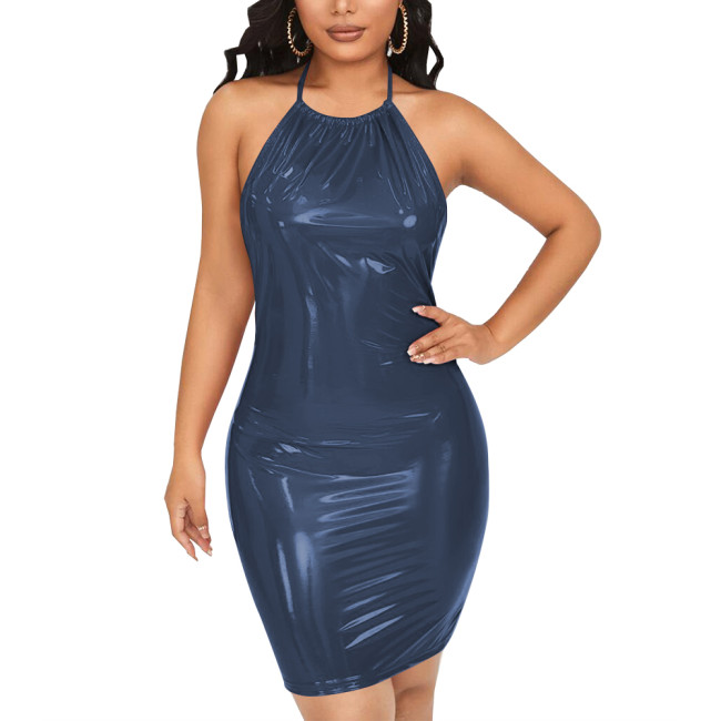 Sexy Halter Backless Bodycon PVC Leather Summer Dress Women Tight Solid Sleeveless Hip Wrap Mini Dress Party Retro Beach Dress