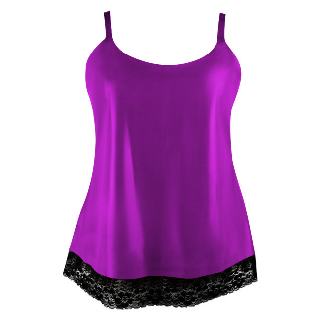 Wetlook Camisole Lace Design Summer Women Tops Faux Latex Sexy Spaghetti Strap Back Zip Y2k Tank Top Outdoor Clothes Daily Wear