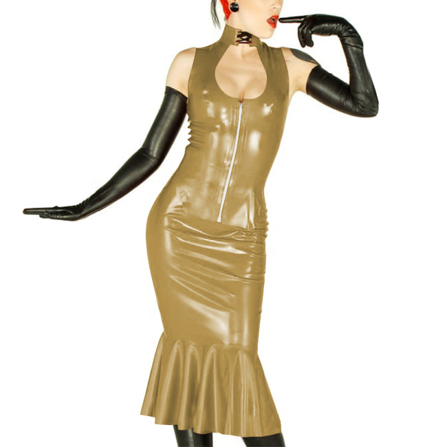 New Sexy Womens 2 Pieces Suits Vinyl Sleeveless Hollow Out Top and Midi Mermaid Skirts Wetlook PVC Leather Slim Party Dress Sets