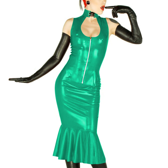 New Sexy Womens 2 Pieces Suits Vinyl Sleeveless Hollow Out Top and Midi Mermaid Skirts Wetlook PVC Leather Slim Party Dress Sets
