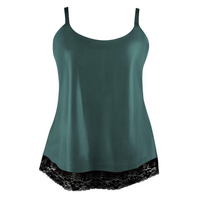 Wetlook Camisole Lace Design Summer Women Tops Faux Latex Sexy Spaghetti Strap Back Zip Y2k Tank Top Outdoor Clothes Daily Wear
