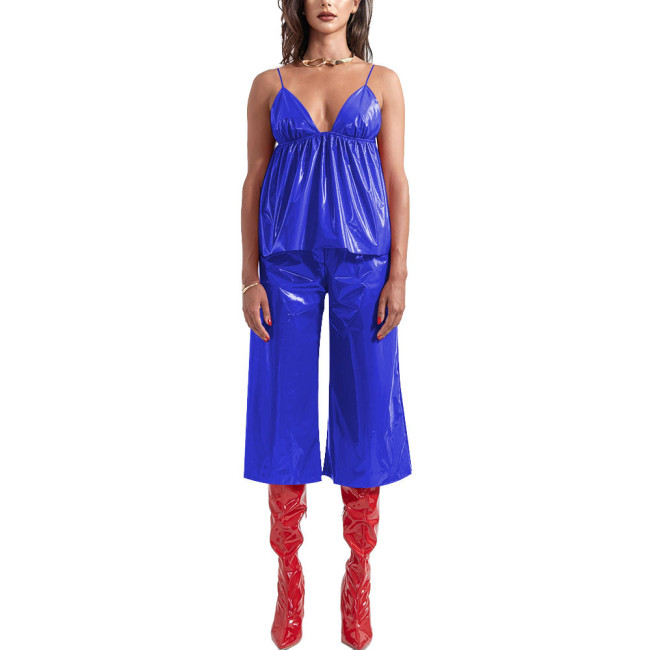 Ladies Vinyl PVC Leather Sling Vest Pants Two-Piece Set Streetwear Sleeveless Suspender V-neck Top with Wide-Leg Pants Suit