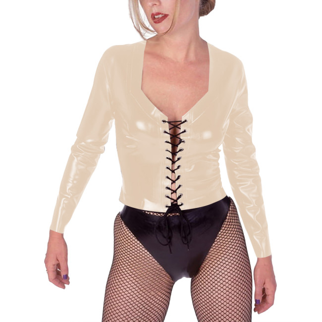 Womens Vinyl PVC Leather Tops Sexy Fashion Hollow Hole Strap Cross T-shirts Long Sleeved Wetlook Clubwear for Party Nightclub