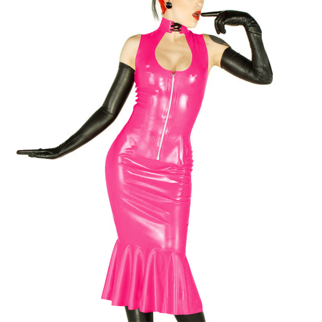 New Sexy Womens 2 Pieces Suits Vinyl Sleeveless Hollow Out Top and Midi Mermaid Skirts Wetlook PVC Leather Slim Party Dress Sets