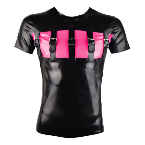 Fashion Punk Buckle Front PVC Shiny Top Vinyl Faux Leather Short Sleeves T-shirts Patchwork Round Collar Slim Tee Tops Clubwear