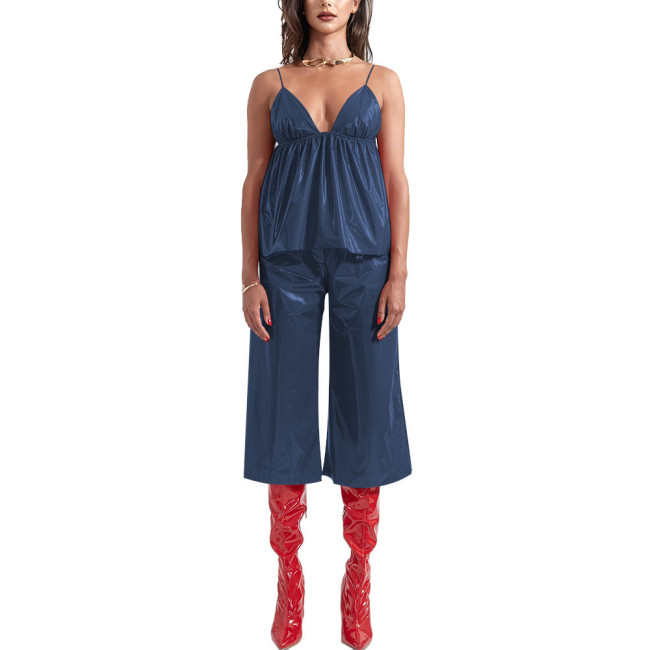 Ladies Vinyl PVC Leather Sling Vest Pants Two-Piece Set Streetwear Sleeveless Suspender V-neck Top with Wide-Leg Pants Suit