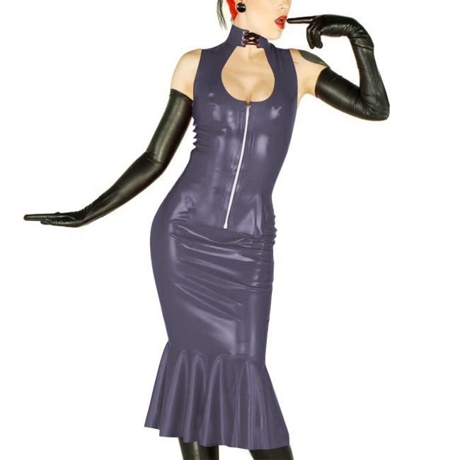 New Sexy Womens 2 Pieces Suits Vinyl Sleeveless Hollow Out Top and Midi Mermaid Skirts Wetlook PVC Leather Slim Party Dress Sets