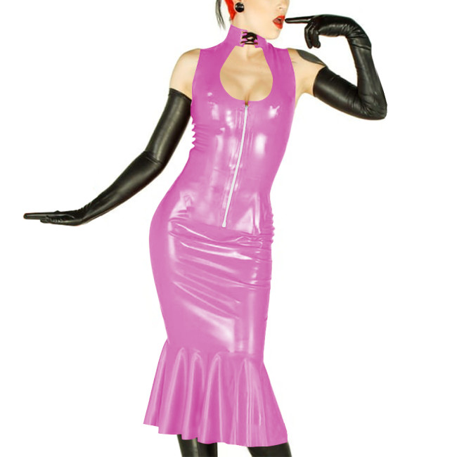 New Sexy Womens 2 Pieces Suits Vinyl Sleeveless Hollow Out Top and Midi Mermaid Skirts Wetlook PVC Leather Slim Party Dress Sets
