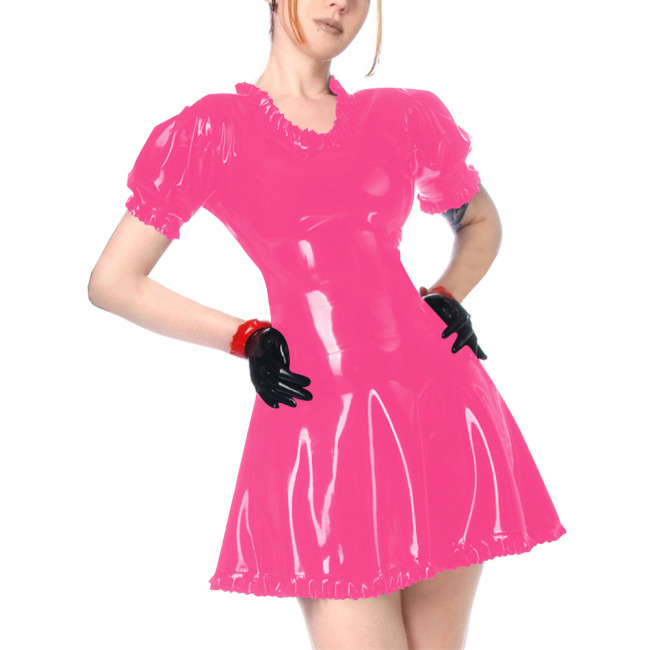 Faux Leather Summer Dress for Women Short Sleeve Slim Waist PVC Sexy Mini Dress High Street Revelry Party Dress Solid Vestido