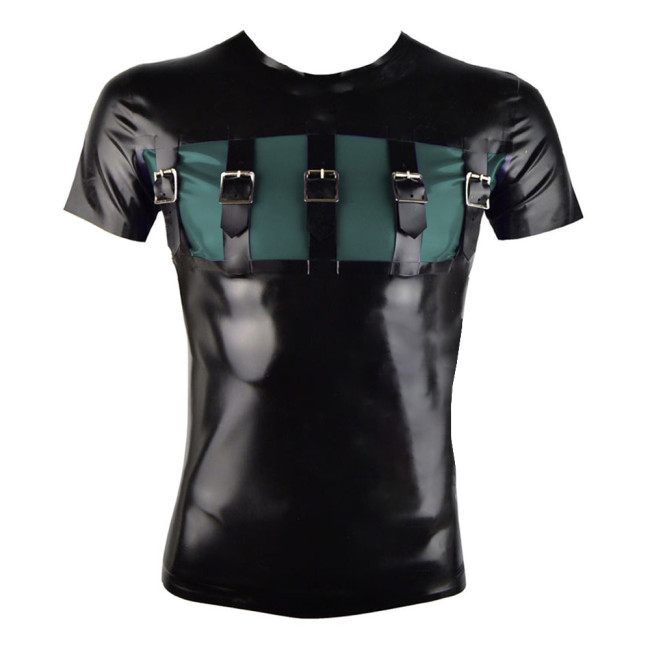 Fashion Punk Buckle Front PVC Shiny Top Vinyl Faux Leather Short Sleeves T-shirts Patchwork Round Collar Slim Tee Tops Clubwear