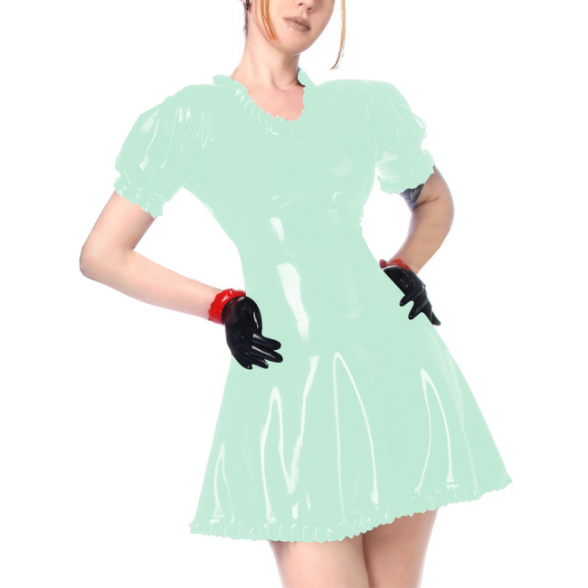 Faux Leather Summer Dress for Women Short Sleeve Slim Waist PVC Sexy Mini Dress High Street Revelry Party Dress Solid Vestido