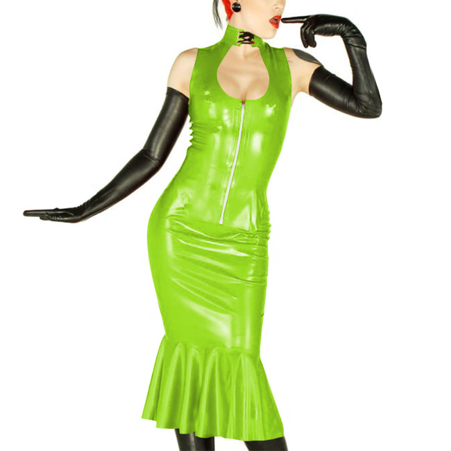 New Sexy Womens 2 Pieces Suits Vinyl Sleeveless Hollow Out Top and Midi Mermaid Skirts Wetlook PVC Leather Slim Party Dress Sets