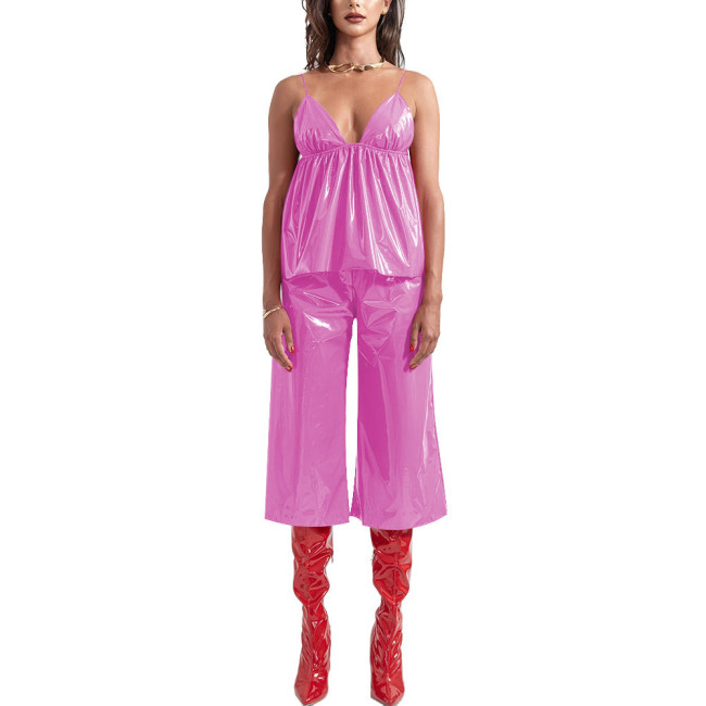 Ladies Vinyl PVC Leather Sling Vest Pants Two-Piece Set Streetwear Sleeveless Suspender V-neck Top with Wide-Leg Pants Suit