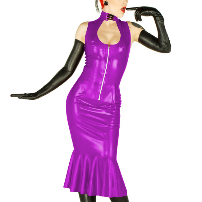 New Sexy Womens 2 Pieces Suits Vinyl Sleeveless Hollow Out Top and Midi Mermaid Skirts Wetlook PVC Leather Slim Party Dress Sets