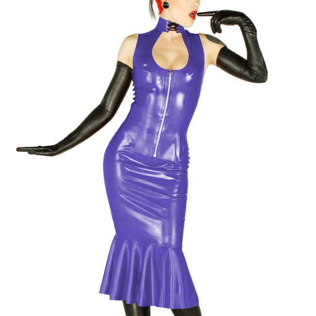 New Sexy Womens 2 Pieces Suits Vinyl Sleeveless Hollow Out Top and Midi Mermaid Skirts Wetlook PVC Leather Slim Party Dress Sets