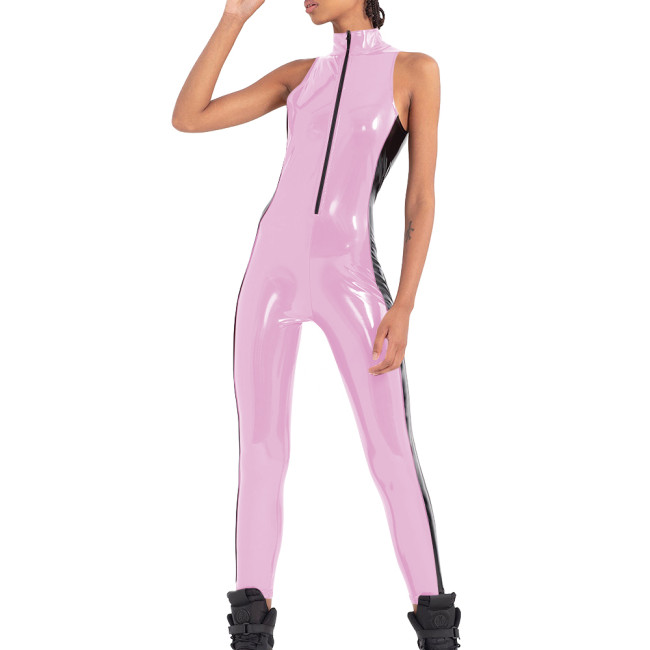 Punk Sleeveless Black Patchwork Jumpsuit Womens Sexy Casual Street Wetlook Catsuit Front Zipper Glossy PVC Leather Rompers Party