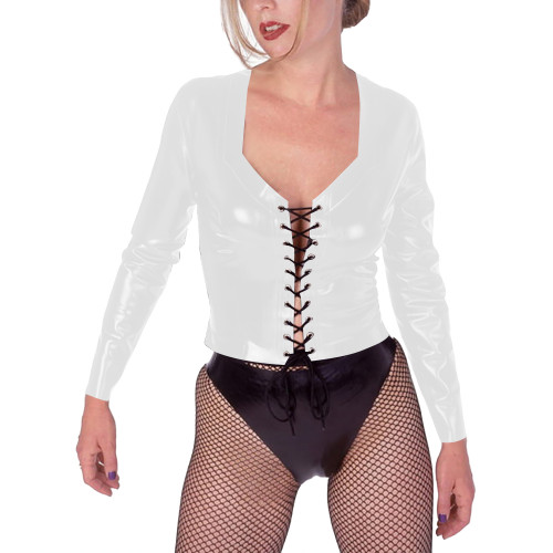 Womens Vinyl PVC Leather Tops Sexy Fashion Hollow Hole Strap Cross T-shirts Long Sleeved Wetlook Clubwear for Party Nightclub