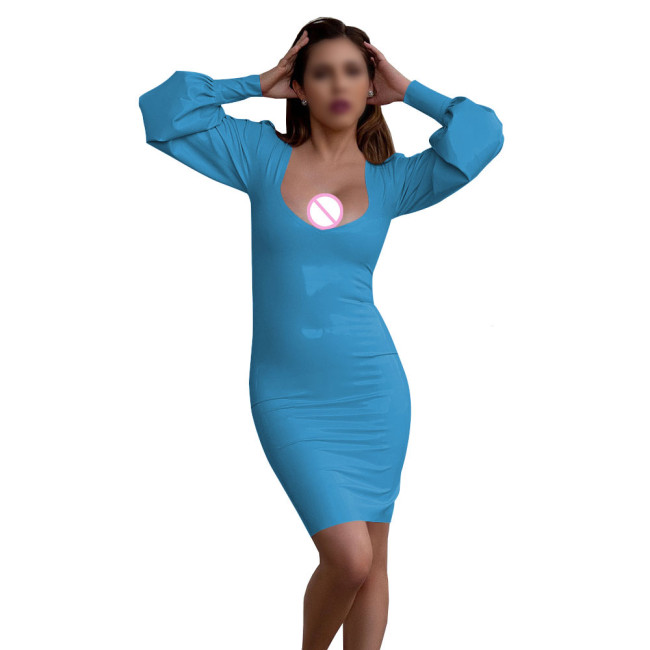 Women's Sexy Deep U-neck Mini Dress Nightclub Solid Color Long Sleeve PVC Tight Dress Wetlook Patent Leather Club Party Dresses
