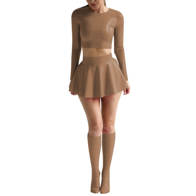 Womens Sexy Shiny PVC Leather Nightclub Outfit Solid Long Sleeve Crop Tops with Mini Skirt Stockings Wetlook Pole Dance Clubwear