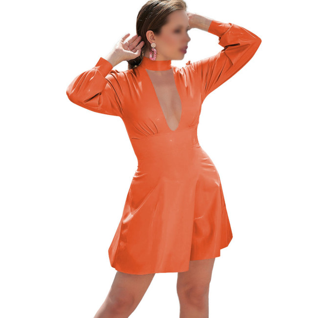 Long Sleeve Solid Color PVC Leather Mini Dress for Women Mock Neck Hollow Out Dress Sissy Sexy Club Party Short Dress Streetwear