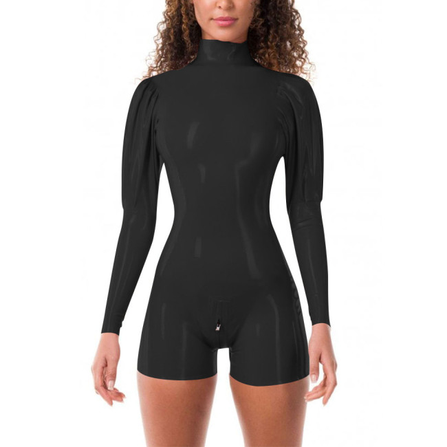 Glossy PVC Womens One-Piece Short Jumpsuit Zippered Open Crotch Tight Latex-look Turtleneck Rompers Fashionable Sexy Streetwear