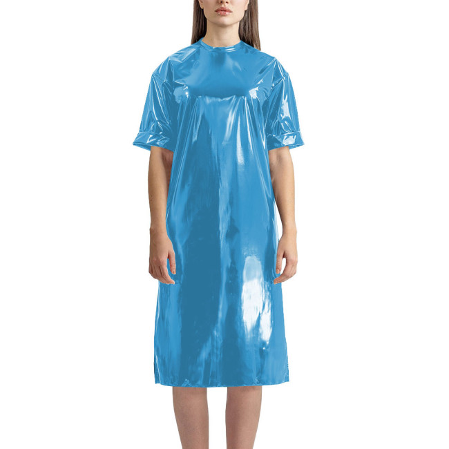 Fashion Vinyl PVC Leather T-shirt Dress Latex-look Short Sleeve Long T-Shirt Women Straight Knee-length Casual Dress Streetwear