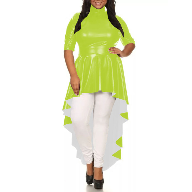 Womens Solid Color Irregular Hem Long Dress Elegant Half Sleeve PU Leather Mermaid Dress Ladies High-Low Pleated Dresses Tops
