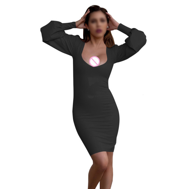 Women's Sexy Deep U-neck Mini Dress Nightclub Solid Color Long Sleeve PVC Tight Dress Wetlook Patent Leather Club Party Dresses