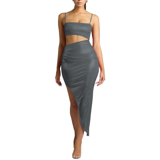 Women Wetlook Summer Spaghetti Strap Midi Dress Shiny Sexy Club Party Dress Ladies Hollow Out Bodycon Faux Leather Dress Vestido