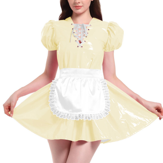 French Maid Outfit Puff Short Sleeve Mini Dress with Apron PVC Leather Sweet Kawaii Maid Cosplay Costume Maid Cross Dressing Set
