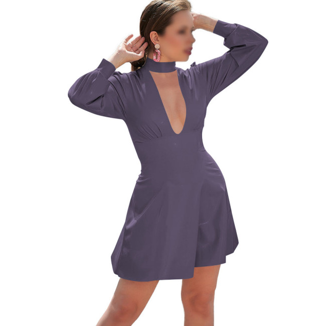 Long Sleeve Solid Color PVC Leather Mini Dress for Women Mock Neck Hollow Out Dress Sissy Sexy Club Party Short Dress Streetwear