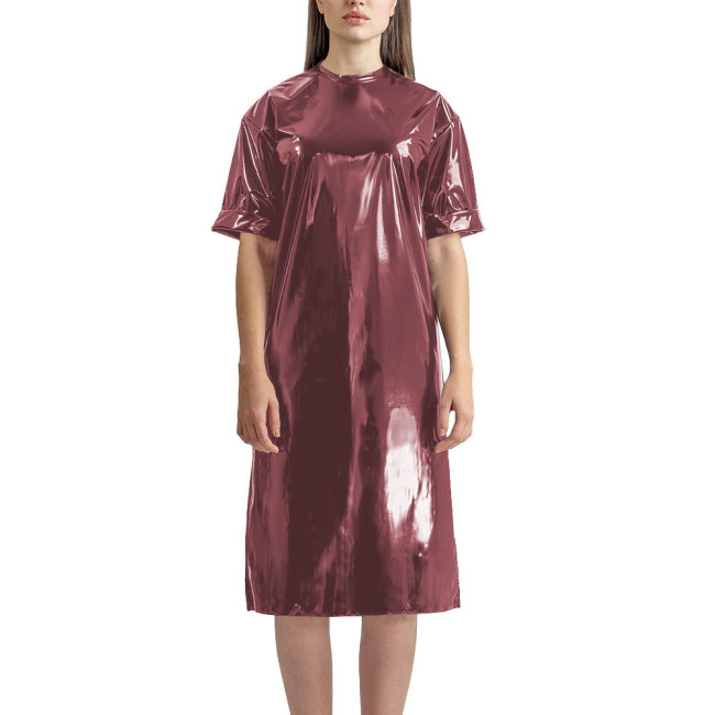 Fashion Vinyl PVC Leather T-shirt Dress Latex-look Short Sleeve Long T-Shirt Women Straight Knee-length Casual Dress Streetwear