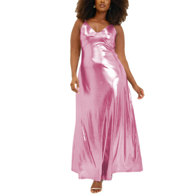 Women Wetlook Spaghetti Strap Casual Summer Dress Liquid Metallic Clothing Fashion Slim Waist A-line Long Dress Club Cocktail
