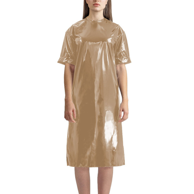 Fashion Vinyl PVC Leather T-shirt Dress Latex-look Short Sleeve Long T-Shirt Women Straight Knee-length Casual Dress Streetwear
