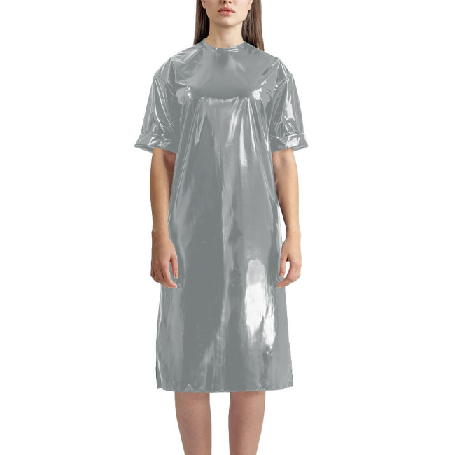 Fashion Vinyl PVC Leather T-shirt Dress Latex-look Short Sleeve Long T-Shirt Women Straight Knee-length Casual Dress Streetwear