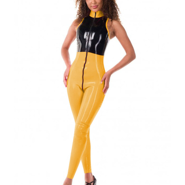 Womens Front Zipper Jumpsuit Wetlook Patent Leather Sleeveless Patchwork Catsuit Glossy Role Play Romper Clubwear Sissy Lingerie