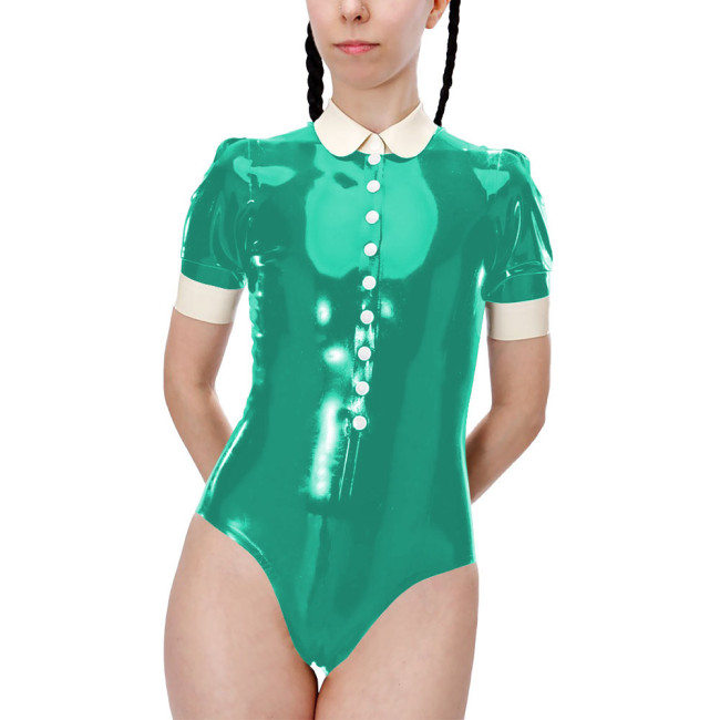 Fetish Short Sleeve High Cut Lingerie Sexy Bodysuit Shiny PVC Leather Turn-down Collar Button One-pieces Bodysuit Sexy Costume