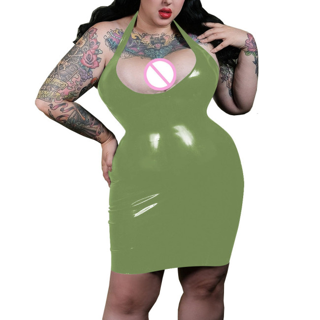 Sexy Plunging Neckline Halter Bodycon Dress Shiny PVC Leather Women Faux Latex Hobble Mini Dress Party Pole Dancing Exotic Dress