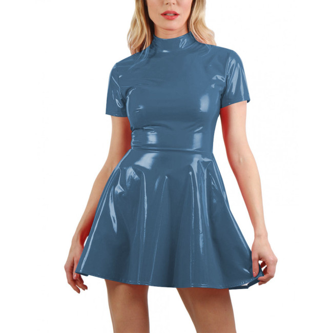 Preppy Style High Neck A-line Dress Fashion High Waist PVC Shiny Leather Mini Gown Dress Casual Short Sleeve Skater Swing Dress