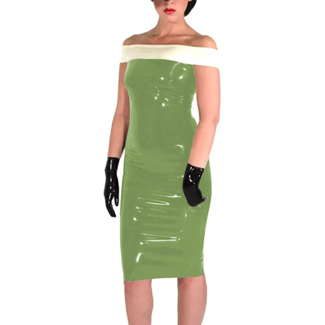 New Fashion Patchwork White Slim Fit Dress Shiny PVC Leather Slash Neck Bodycon Midi Dress Office Lady Back Zipper Sexy Dress
