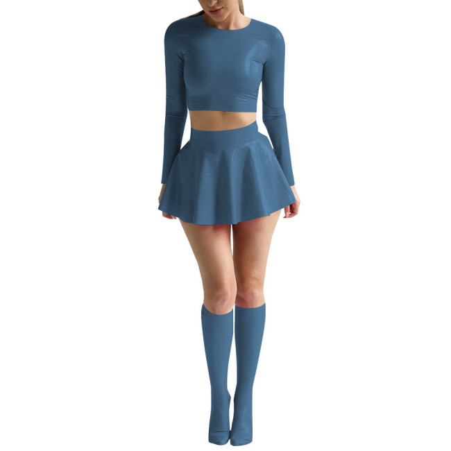 Womens Sexy Shiny PVC Leather Nightclub Outfit Solid Long Sleeve Crop Tops with Mini Skirt Stockings Wetlook Pole Dance Clubwear
