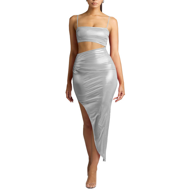 Women Wetlook Summer Spaghetti Strap Midi Dress Shiny Sexy Club Party Dress Ladies Hollow Out Bodycon Faux Leather Dress Vestido