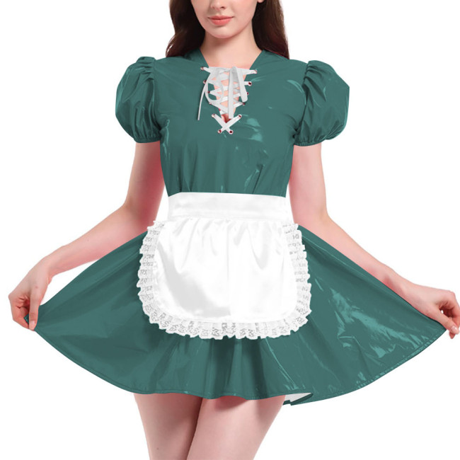 French Maid Outfit Puff Short Sleeve Mini Dress with Apron PVC Leather Sweet Kawaii Maid Cosplay Costume Maid Cross Dressing Set
