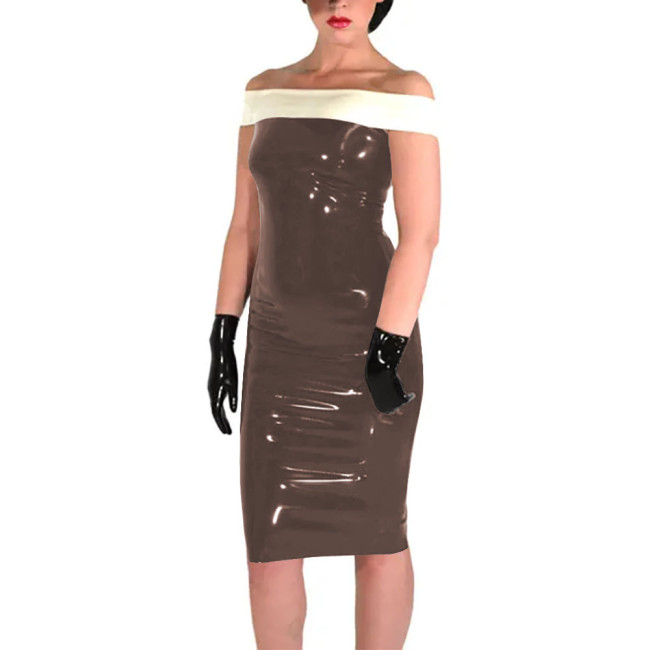 New Fashion Patchwork White Slim Fit Dress Shiny PVC Leather Slash Neck Bodycon Midi Dress Office Lady Back Zipper Sexy Dress