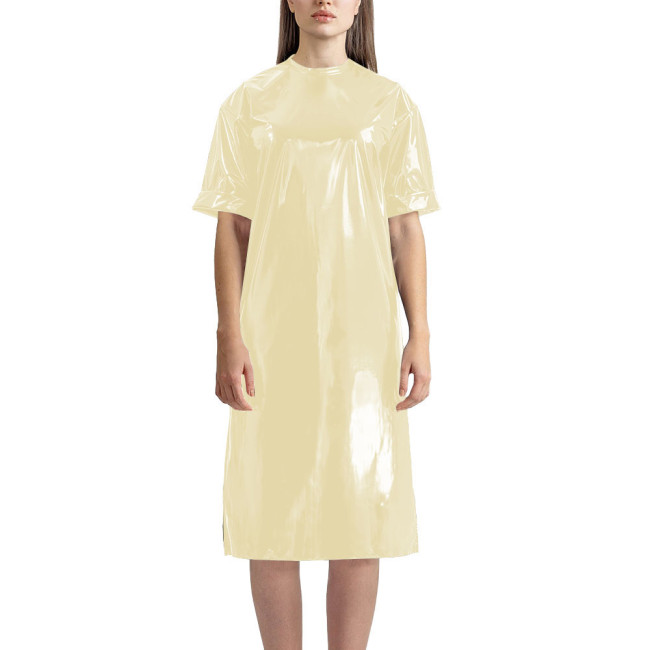 Fashion Vinyl PVC Leather T-shirt Dress Latex-look Short Sleeve Long T-Shirt Women Straight Knee-length Casual Dress Streetwear