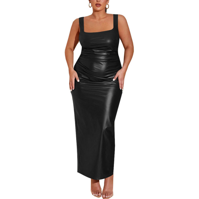 Sexy Bodycon Strap Maxi Dress Women PU Leather Matte Sleeveless Slim Fit Solid Color Dress Revelry Party Gowns Vestido Clubwear