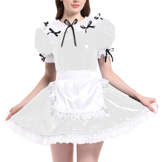 Sissy Puff Short Sleeve French Maid Uniforms Wet Look PVC Leather Servant Maid Dress with Apron Lolita Cosplay Teddy Babydoll