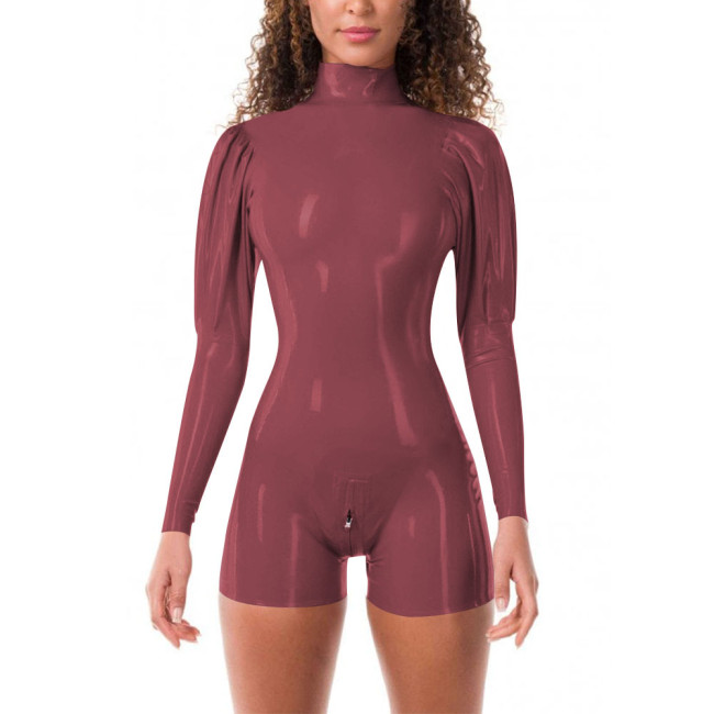 Glossy PVC Womens One-Piece Short Jumpsuit Zippered Open Crotch Tight Latex-look Turtleneck Rompers Fashionable Sexy Streetwear
