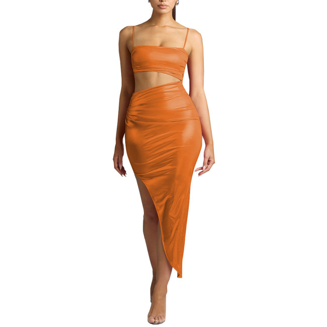 Women Wetlook Summer Spaghetti Strap Midi Dress Shiny Sexy Club Party Dress Ladies Hollow Out Bodycon Faux Leather Dress Vestido