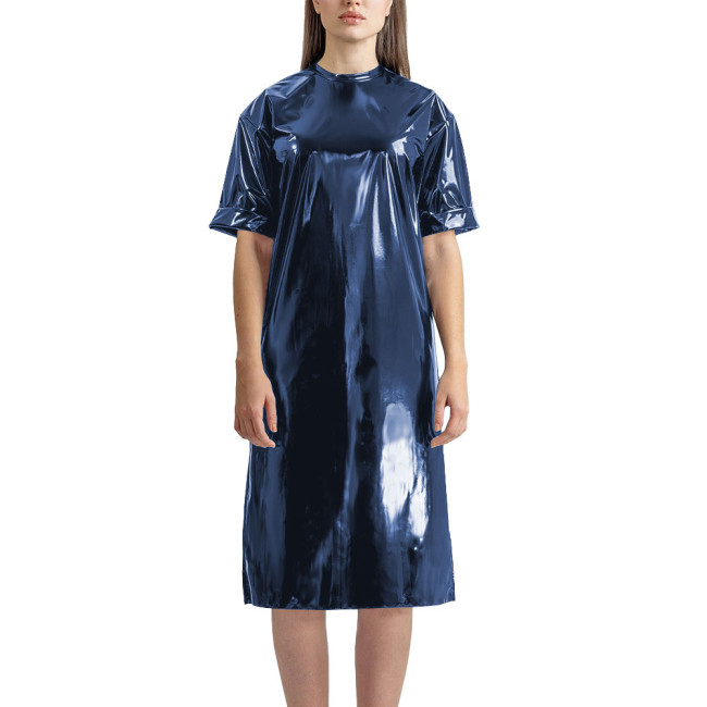 Fashion Vinyl PVC Leather T-shirt Dress Latex-look Short Sleeve Long T-Shirt Women Straight Knee-length Casual Dress Streetwear
